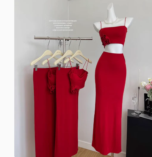 Cute Mermaid Spaghetti Straps 2 Pieces Red Long Summer Dress For Women DP0013 - Deanwangkt
