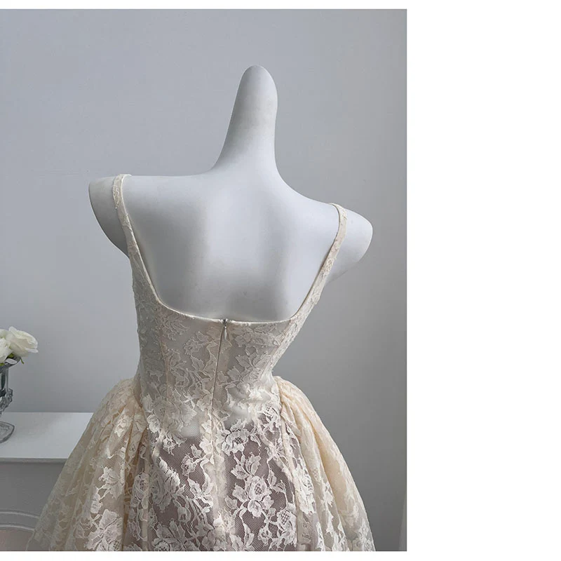 Pretty A line Square Neck White Lace Formal Homecoming Dresses Short 16th Birthday Outfits Graduation Dress Mini Cocktail Dresses DH2473 - Deanwangkt