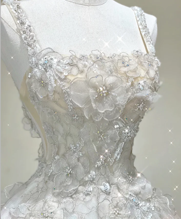 Unique Ball Gown Square Neckline Lace Long White Wedding Dresses Brides Dress DP421 - Deanwangkt