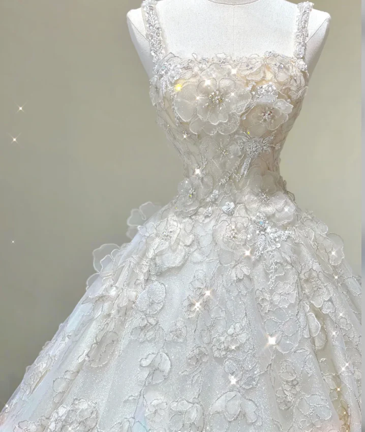 Unique Ball Gown Square Neckline Lace Long White Wedding Dresses Brides Dress DP421 - Deanwangkt