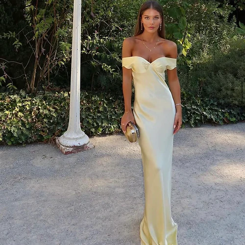 Gorgeous Sheath Off The Shoulder Yellow Satin Prom Dresses Formal Summer Wedding Guest Dresses Wedding Guest Outfits DP767 - Deanwangkt