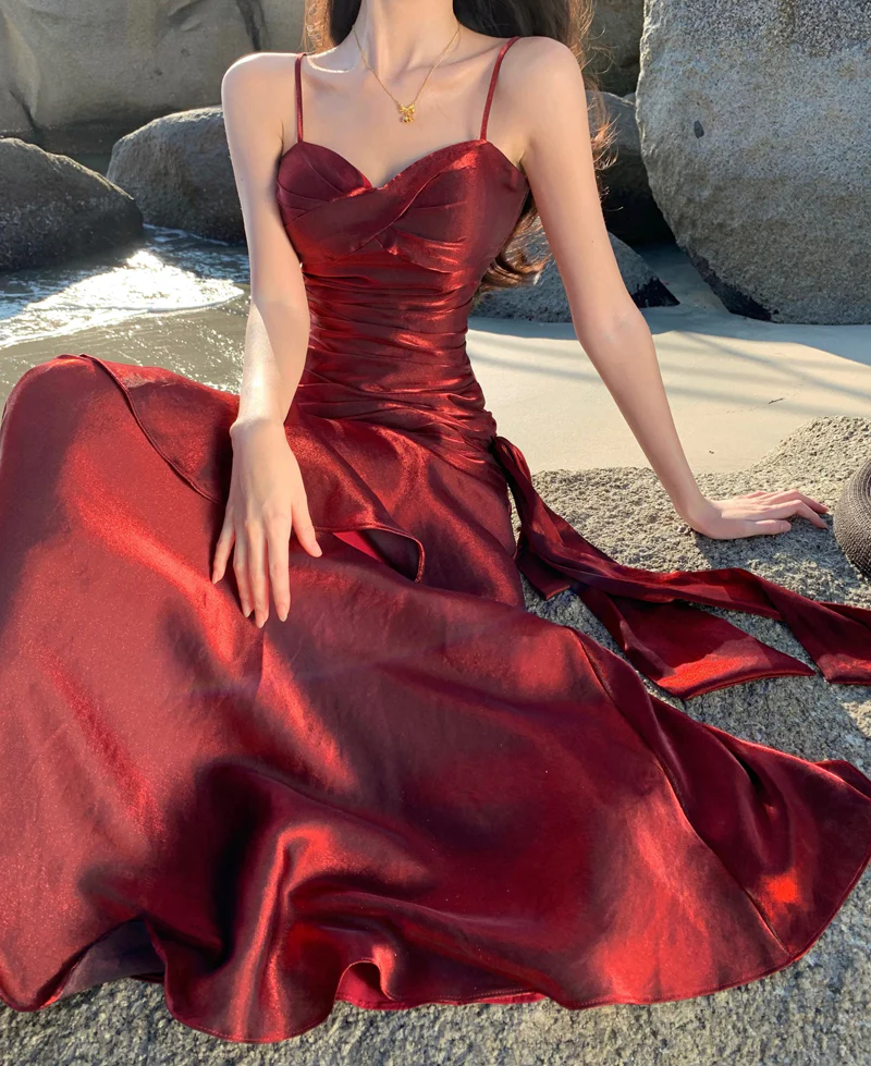 Elegant Mermaid Spaghetti Straps Sleeveless Burgundy Long Evening Dress Prom Dresses DP228 - Deanwangkt