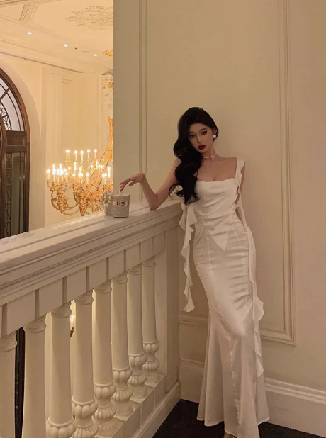 Classy Mermaid White Square Neck Long 18th Birthday Dress Party Gown 21st Birthday Outfits Birthday Dress Ideas For Women DP605 - Deanwangkt