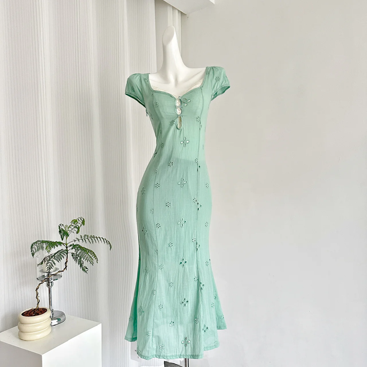 Tea Break French Puff Sleeve Hollow First Love Fishtail Dress 3-Piece Set DP0004 - Deanwangkt