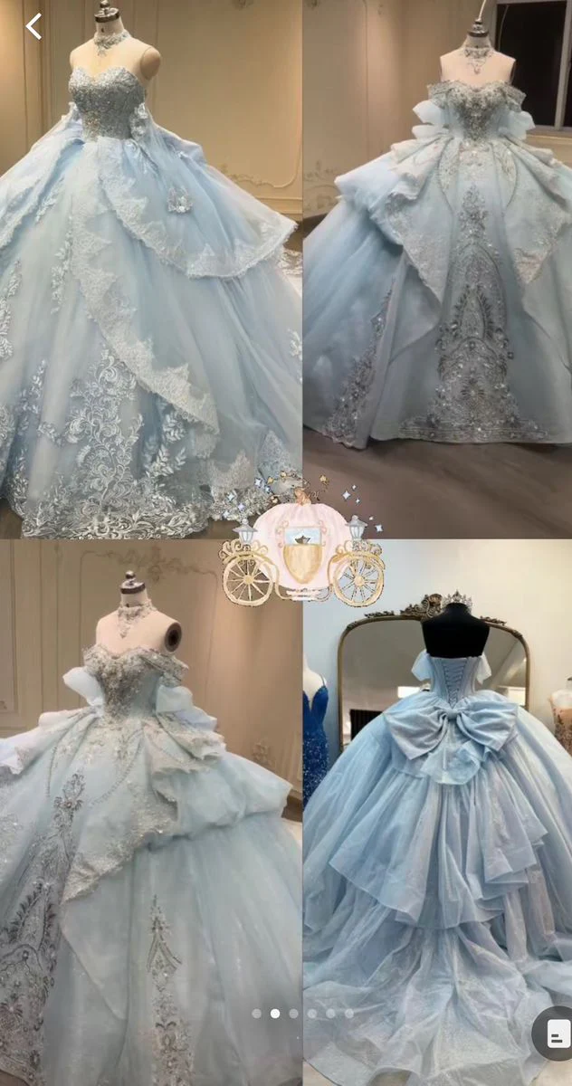 Gorgeous Sky Blue Off-the-shoulder Tulle Long Ball Gown Flower Sweet 16th Birthday Dress Cute Quinceanera Dress DH2736 - Deanwangkt