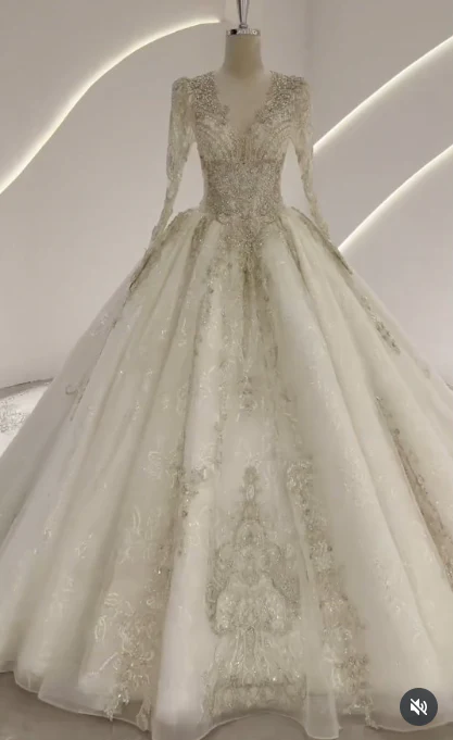 White A-Line Luxury Wedding Dresses, Tulle Beaded V-Neck Bridal Gowns Long Sleeve Applique Bridal Dresses DP3246 - Deanwangkt