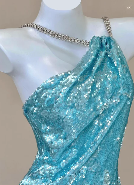 Sparkly Sequin Halter Blue Mermaid Evening Gowns Elegant Open Back Prom Dresses DH2710 - Deanwangkt