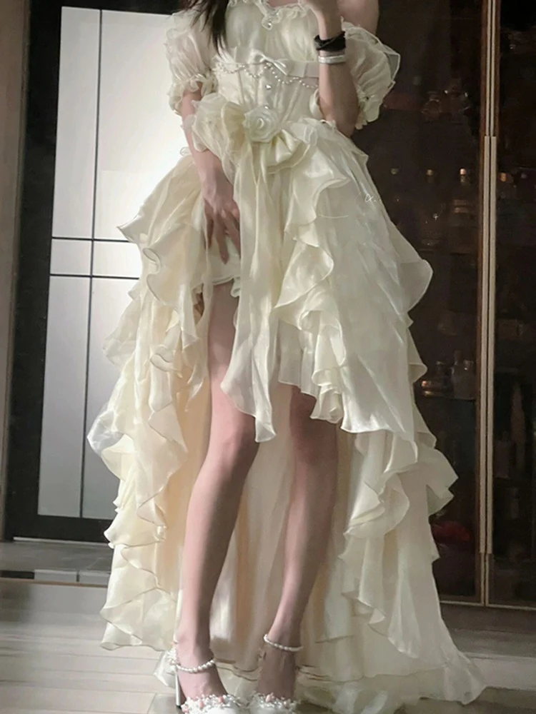 Vintage High Low Off The Shoulder Short Sleeves 16th White Birthday Dress Lolita Dress Birthday Outfits DP0221 - Deanwangkt