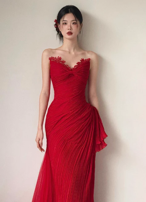 Elegant Sweetheart Neck Sheath Long Prom Dresses Lace Red Evening Dresses DP3319 - Deanwangkt