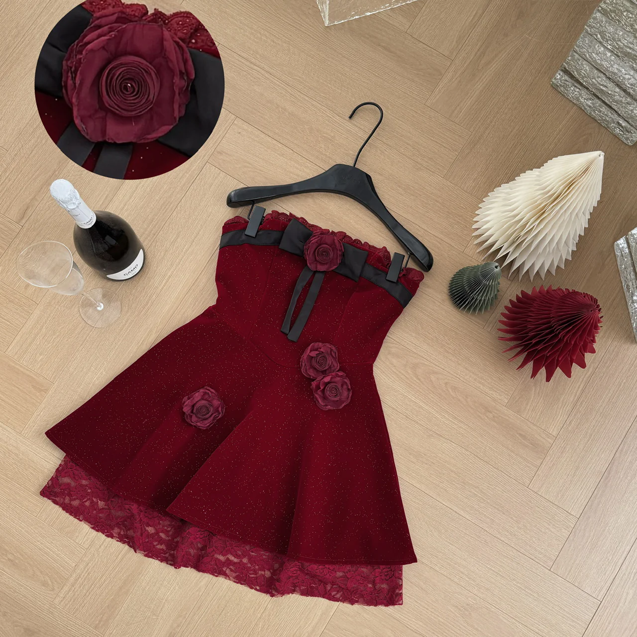 Sexy A line Strapless Summer Burgundy Velvet Dress Holiday Party Outfits For Women DP0028 - Deanwangkt
