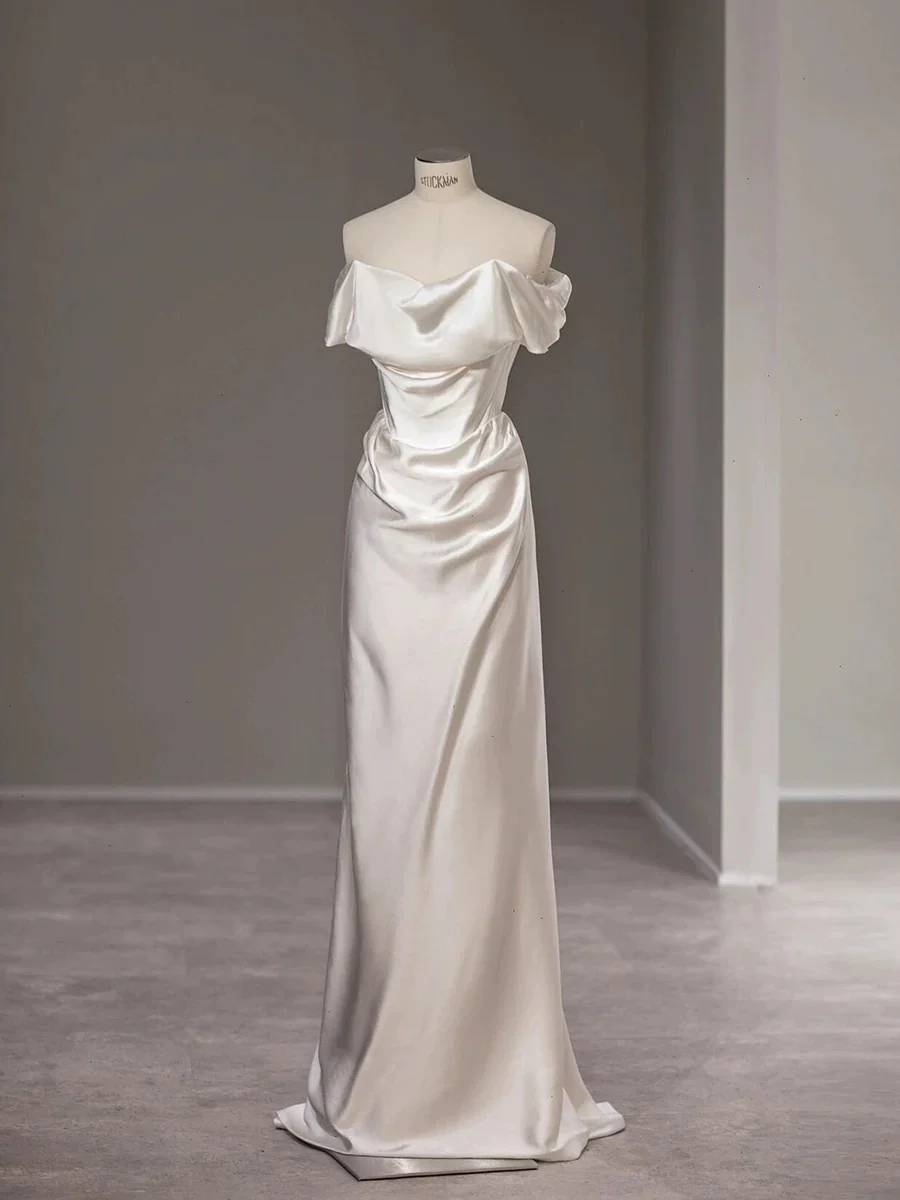 Elegant Mermaid Off The Shoulder Satin Short Sleeves Wedding Dresses Brides Dress H2868 - Deanwangkt