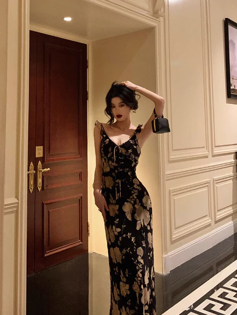 Elegant Mermaid Straps Black Floral Sleeveless 18th Birthday Dress Party Gown Birthday Outfits Birthday Dress Ideas For Women DP570 - Deanwangkt