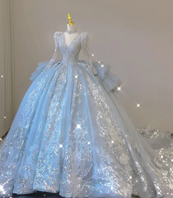 Timeless Ball Gown V Neckline Sequin Blue Long Sleeves Wedding Dresses Brides Dress DP465 - Deanwangkt