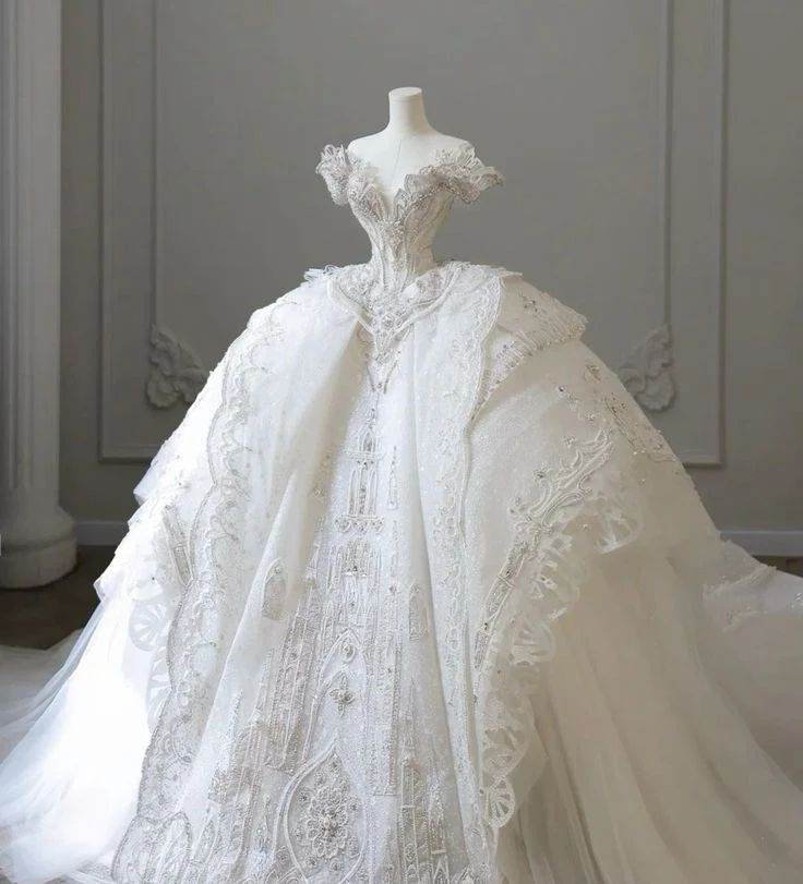 Princess Bridal Dress Ball Gown Off The Shoulder Tulle Wedding Dress With Short Sleeves Wedding Dresses Modest Wedding Gowns DH1503 - Deanwangkt