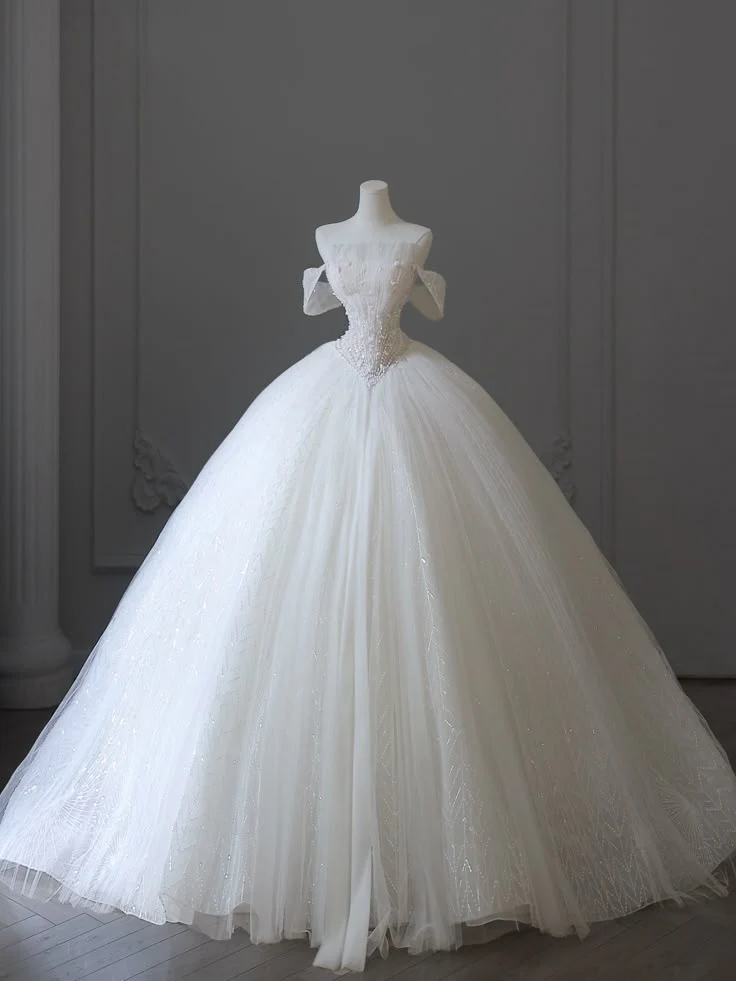Timeless Bridal Gown Ball Gown Off The Shoulder White Tulle Sequin Long Wedding Dresses Elegant Bridal Gowns DH934 - Deanwangkt