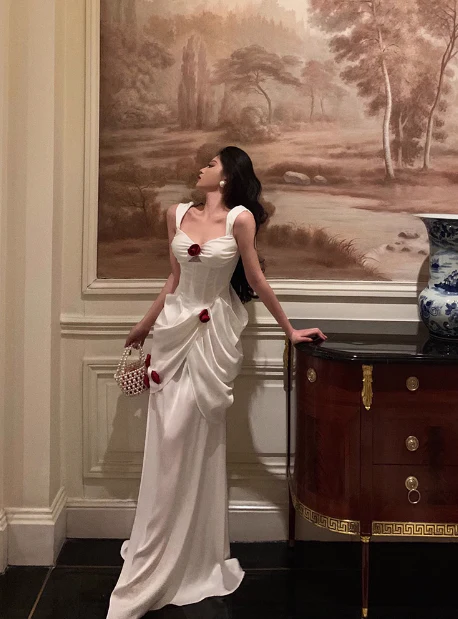 Elegant Mermaid Straps White Satin Sleeveless 21st Birthday Dresses Evening Gown Birthday Outfits Birthday Dress Ideas For Women DP1410 - Deanwangkt