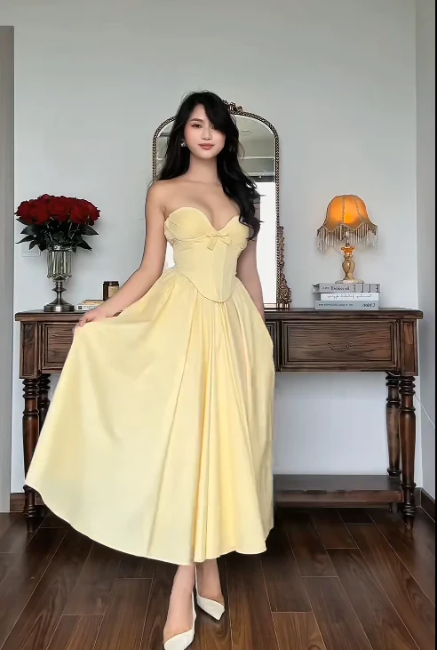 Elegant Sweetheart Neck Sheath Long Prom Dresses Satin Yellow Wedding Guest Dresses DP3685 - Deanwangkt