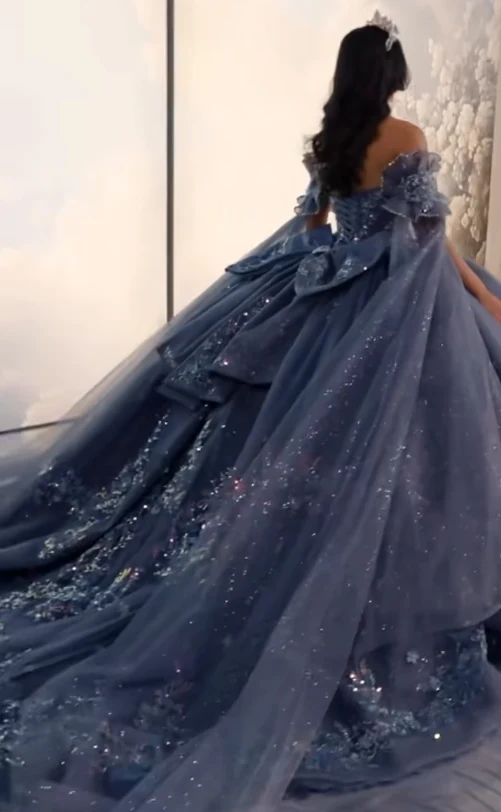 Gorgeous Off-the-Shoulder Ball Gown Tulle Long Prom Dresses Beaded Applique Navy Blue Quinceanera Dresses Sweet 16 Dresses DP3363 - Deanwangkt