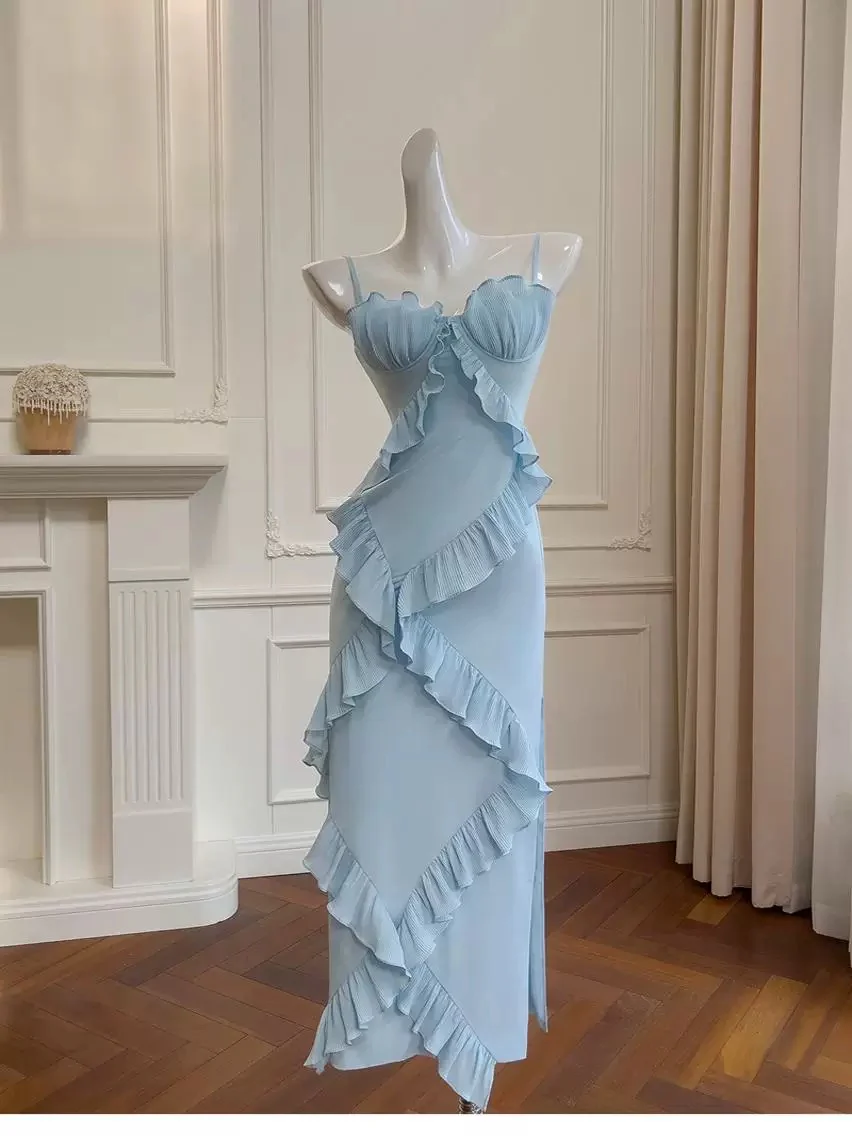 Elegant Sheath Spaghetti Straps Blue Chiffon Sleeveless Long Evening Party Gowns Evening Formal Dresses Prom Dress W912 - Deanwangkt