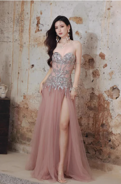 Modest Sweetheart Neck Formal Dress Pink Tulle Sequins Evening Gown Sparkly 16th Birthday Dress DH2704 - Deanwangkt