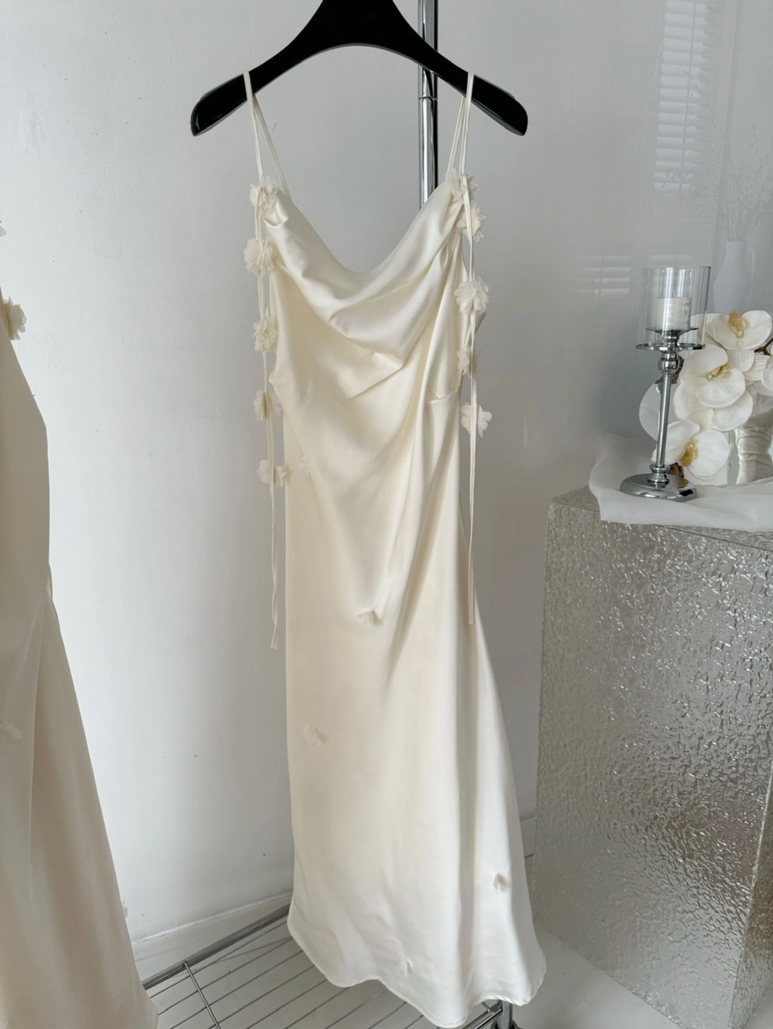 Cute A line Spaghetti Straps Champagne Floral Long Satin Summer Dress For Women DP0009 - Deanwangkt