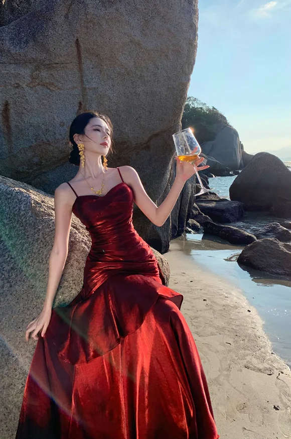 Modest Mermaid Spaghetti Straps Sleeveless Maroon Red Long Evening Dress Prom Dresses DP233 - Deanwangkt