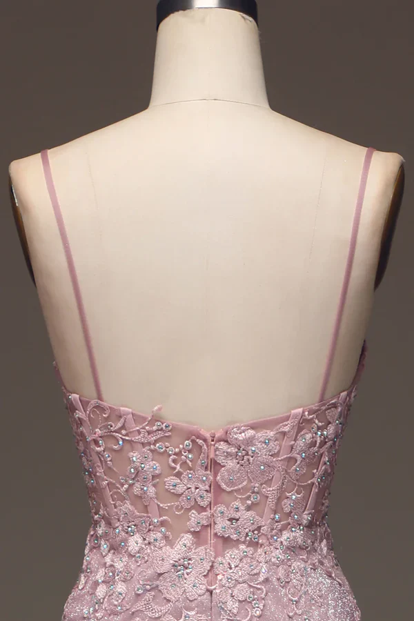 Classy Glitter Blush Mermaid Spaghetti Straps Long Prom Dress With Beading Graduation Dresses DP511 - Deanwangkt