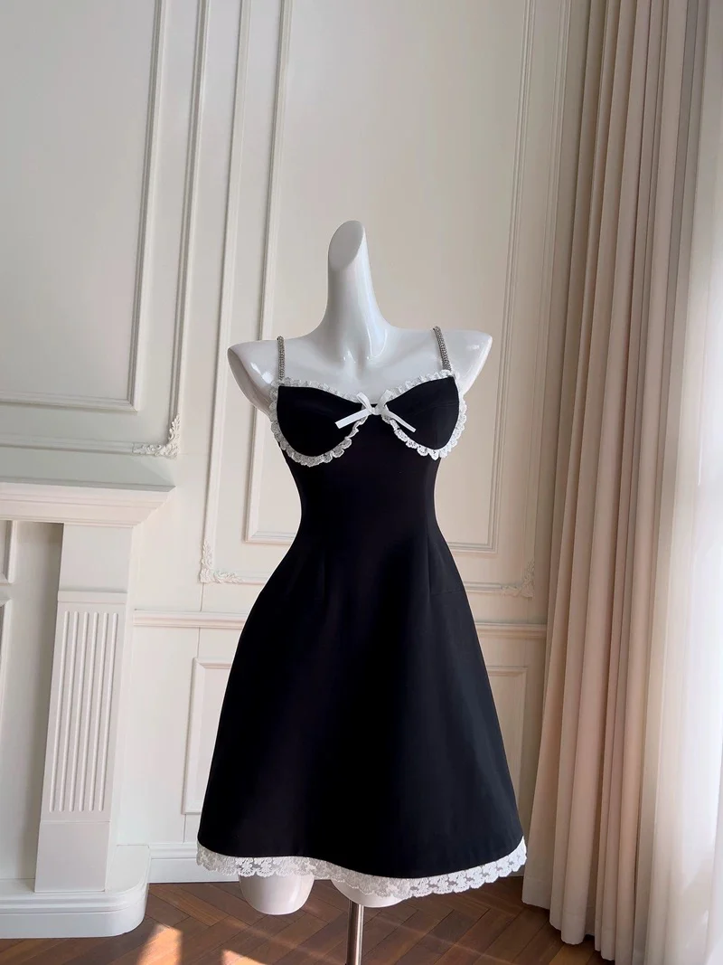 Trendy A line Spaghetti Straps Black Sleeveless Formal Short 8th Grade Homecoming Dress Summer Middle School Hoco Dresses Cocktail Dress Birthday Outfits W954 - Deanwangkt