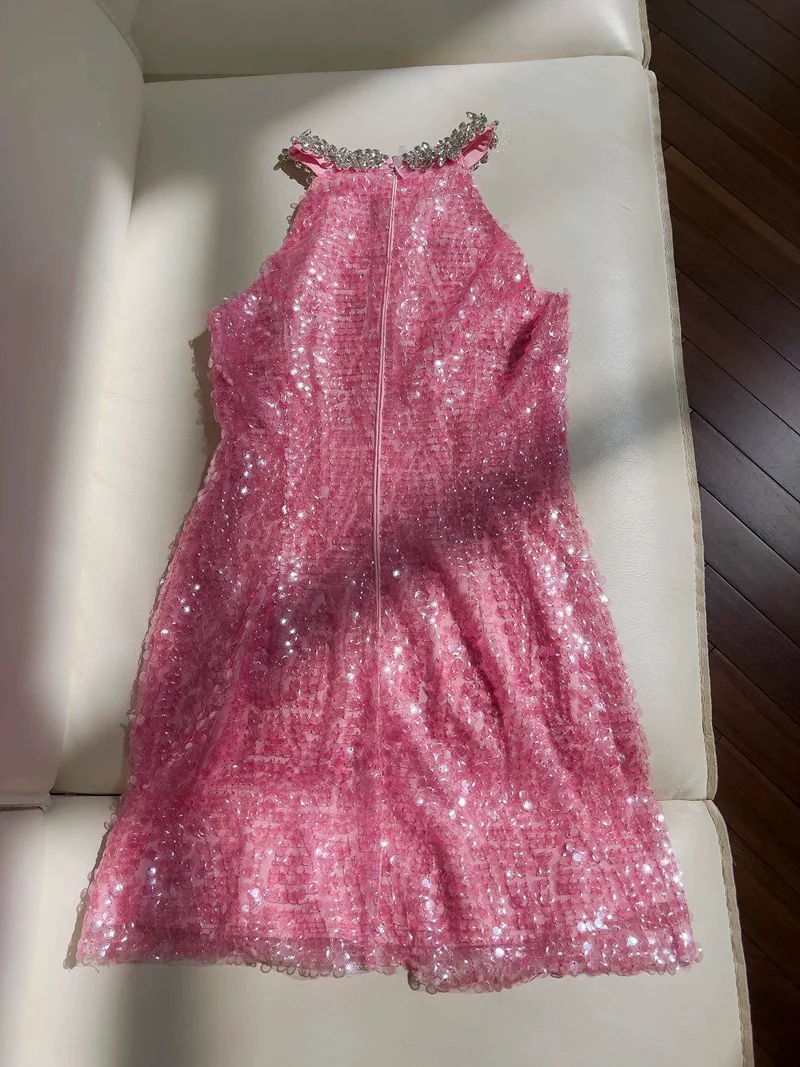 Cute Sheath High Neck Pink Sequin Formal Short 8th Grade Homecoming Dress Summer Middle School Hoco Dresses Birthday Outfits W985 - Deanwangkt