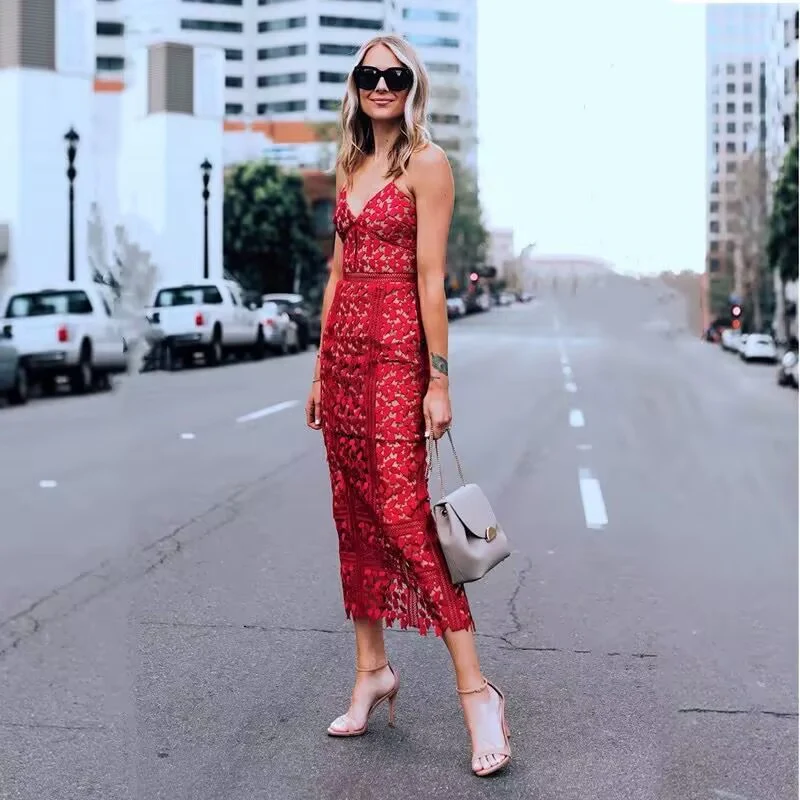 Classy Sheath Spaghetti Straps Red Lace Prom Dresses Summer Wedding Guest Dresses Wedding Guest Outfits DP748 - Deanwangkt