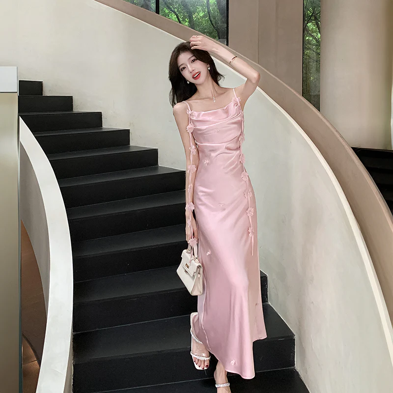 Cute A line Spaghetti Straps Pink Floral Long Satin Summer Dress For Women DP0010 - Deanwangkt