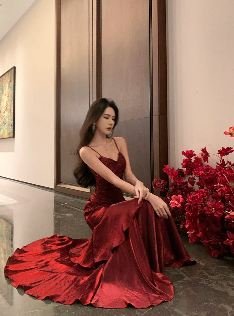 Elegant Mermaid Spaghetti Straps Sleeveless Wine Red Long Evening Dress Prom Dresses DP230 - Deanwangkt