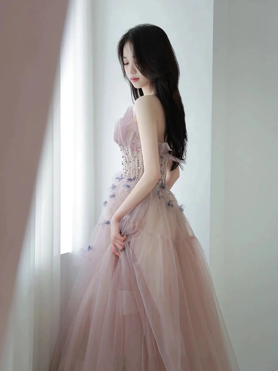 Classy Ball Gown Sweetheart Pink Tulle Evening Dress Long Prom Dresses H2874 - Deanwangkt