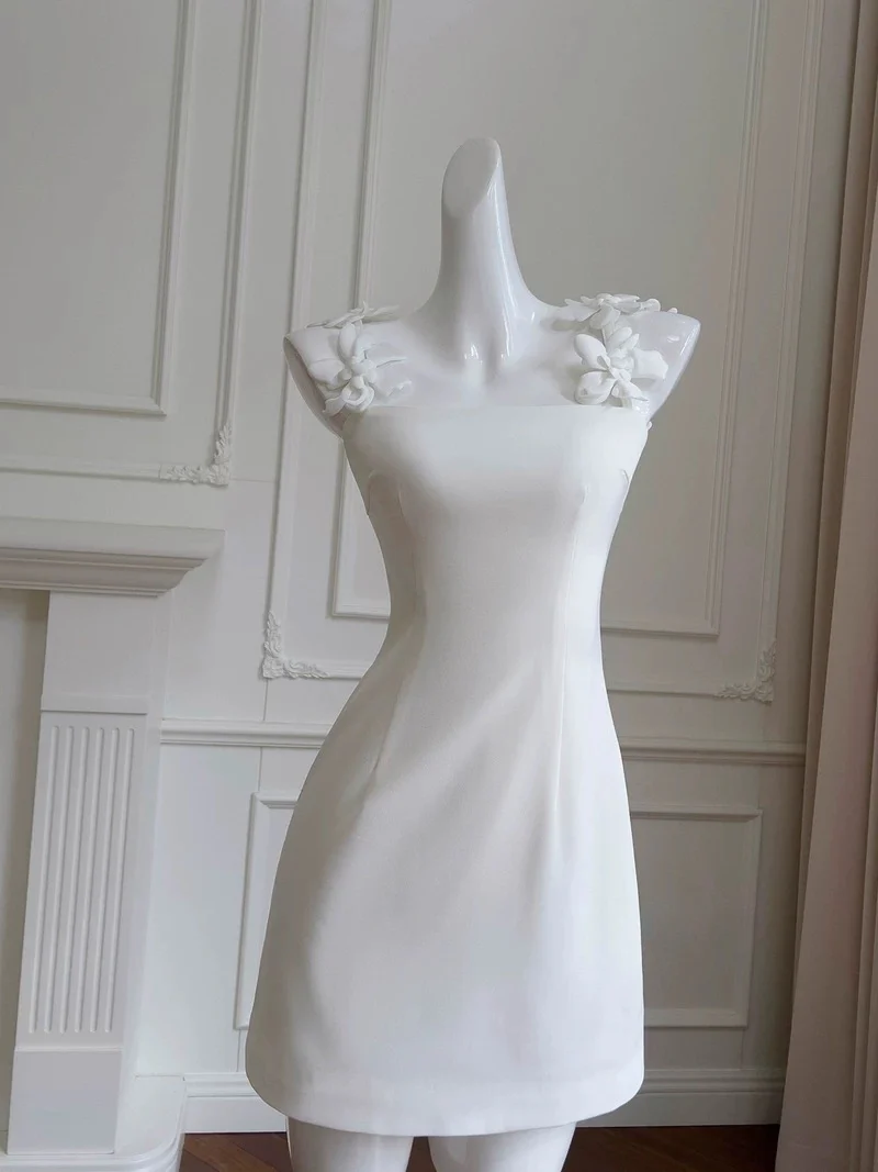 Cute Sheath Spaghetti Straps Floral White Formal Short 8th Grade Homecoming Dress Summer Middle School Hoco Dresses Birthday Outfits W939 - Deanwangkt