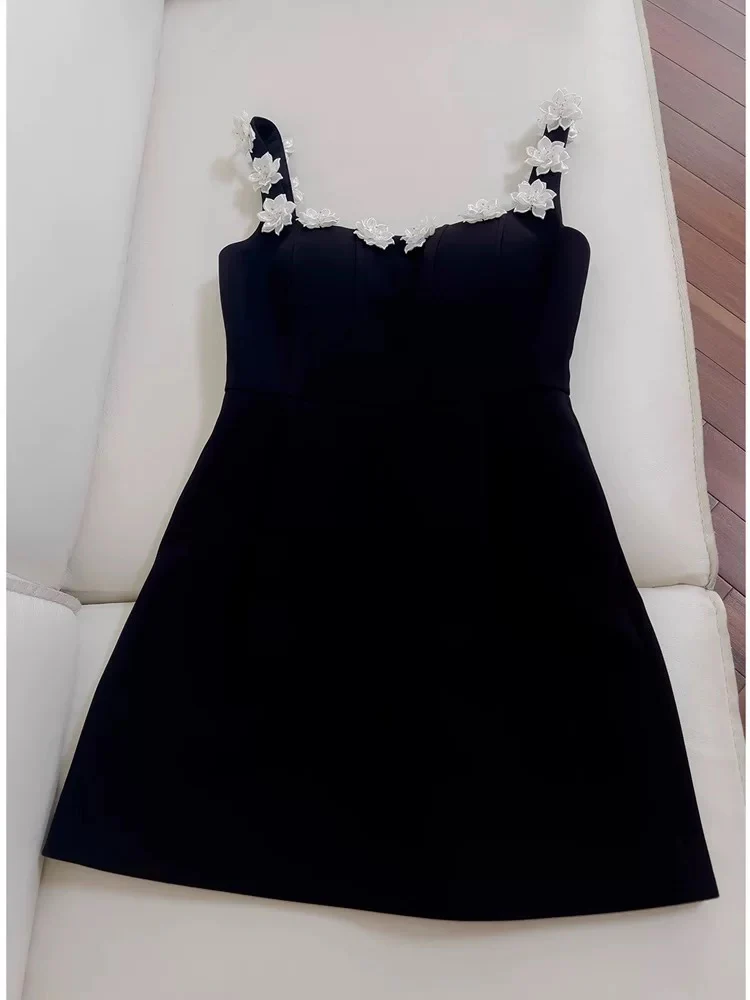 Trendy A Line Square Neck Floral Black Satin Formal Short 8th Grade Homecoming Dress Summer Middle School Hoco Dresses Birthday Outfits W930 - Deanwangkt