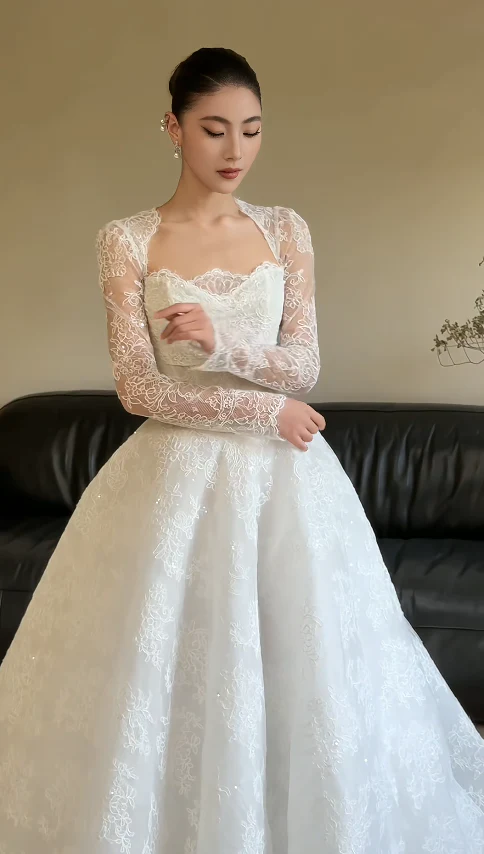 Simple A-Line Wedding Dresses with Appliques White Lace Bridal Gowns Long Sleeve Bridal Dresses DP3286 - Deanwangkt