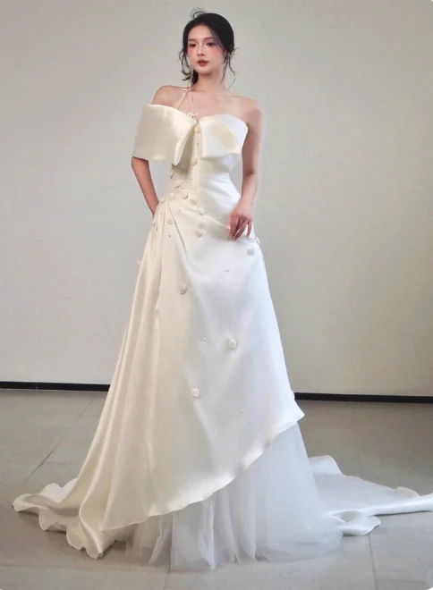 Simple Sheath Long Wedding Dresses Satin Flower White Bridal Gowns Sleeveless Bridal Dresses DP3793 - Deanwangkt