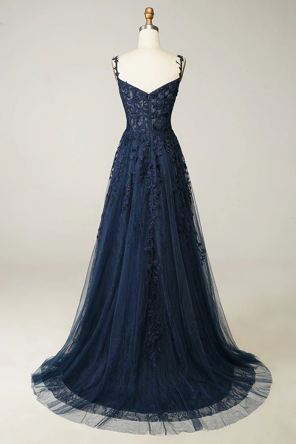 Sexy A Line Spaghetti Straps Navy Prom Dress with Appliques Formal Dress DP290 - Deanwangkt