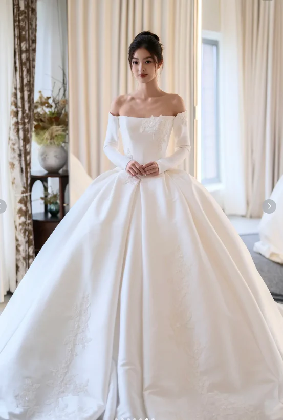 Timeless Off-the-shoulder A-Line Simple Wedding Dresses Satin White Bridal Gowns Long Sleeve Bridal Dresses DP3250 - Deanwangkt