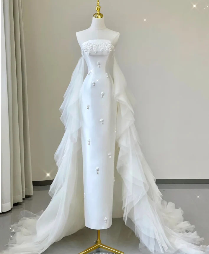 Unique Sheath Strapless Neckline Satin Long Wedding Dresses White Brides Dress DP457 - Deanwangkt