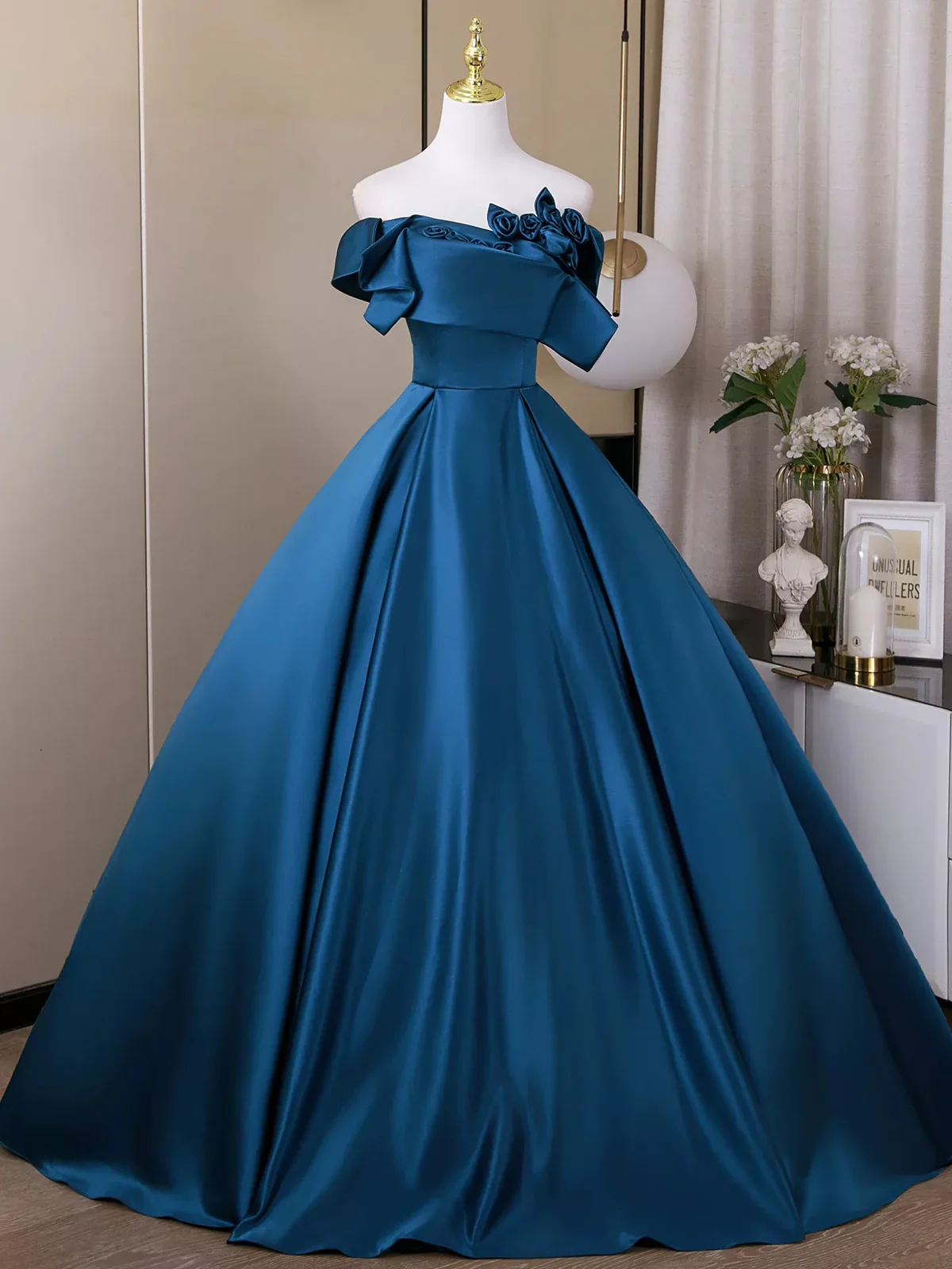 Elegant Off Shoulder A-Line Satin Long Prom Dress, Blue Formal Dresses DP3158 - Deanwangkt