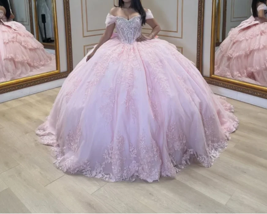 Fairy Off-Shoulder Pink Long Prom Dresses; Sparkly Tulle Appliqué Pink Quinceanera Dresses Sweet 16 Dresses DP3945 - Deanwangkt
