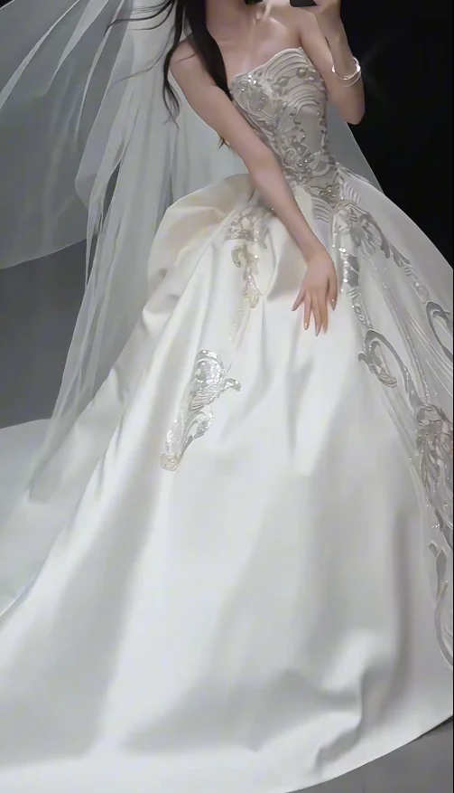 Modest Strapless Ball Gown Satin Long Wedding Dresses White Bridal Dresses Sleeveless Bridal Gowns DP04041 - Deanwangkt