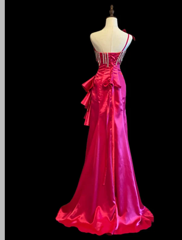 Chic One Shoulder Sheath Satin Long Prom Dresses, Hot Pink Formal Evening Dresses DP3092 - Deanwangkt