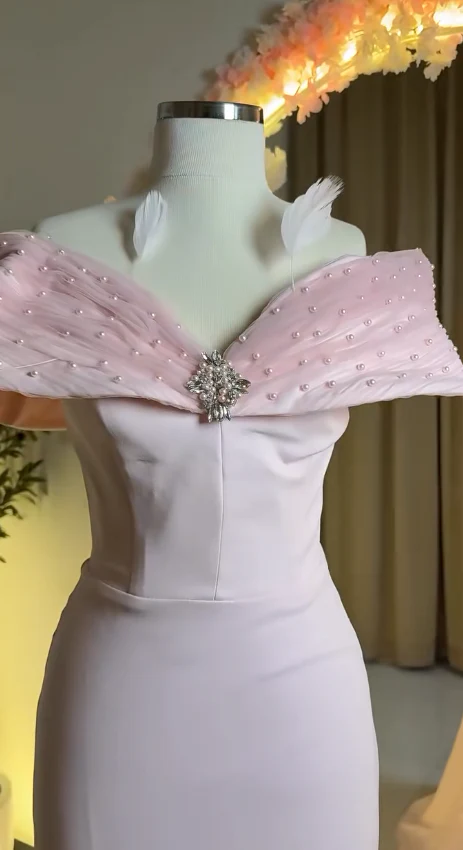 Fairy Off-the-shoulder Mermaid Long Prom Dresses, Satin Pink Evening Dresses DP3334 - Deanwangkt