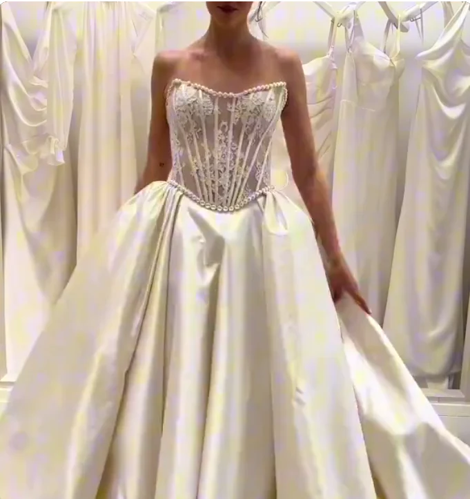 Ethereal Wedding Dress Ball Gown Strapless Lace Long White Wedding Dresses Bridal Gowns DH857 - Deanwangkt