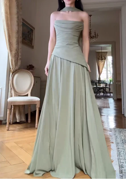 Elegant Strapless Sheath Green Long Formal Dresses Pleated Chiffon Green Wedding Guest Dresses DP3758 - Deanwangkt