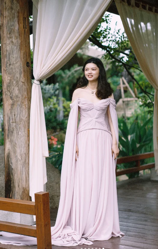 Elegant Off-the-Shoulder Sheath Chiffon Long Prom Dresses, Light Pink Formal Evening Dresses DP3120 - Deanwangkt