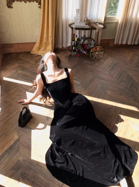 Elegant Square Neck A-line Velvet Long Prom Dresses, Black Evening Dresses DP3101 - Deanwangkt