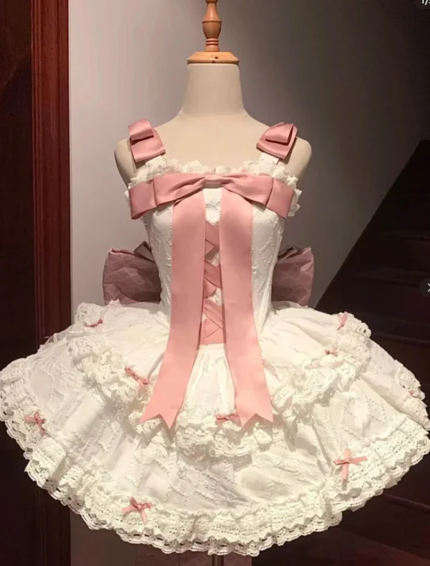 Sweet Strap Ball Gown Lace Short Birthday Outfit Cute Sleeveless Lolita Dresses DP3282 - Deanwangkt